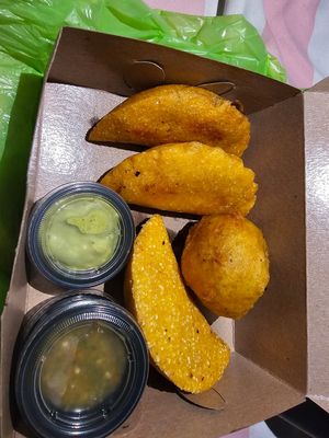 Empanadas and potato ball at Shottas Medellin Vegan Food in Medellin