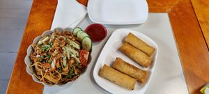 Vegan Tofu, Noodles and spring rolls at Golden Bowl Dim Sum in Rovaniemi