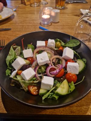 Greek salad starter with vegan cheese at The Balavil Hotel in Newtonmore