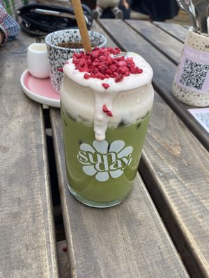 Raspberry white chocolate matcha latte   at Sunday Coffee & Kitchen in Norton