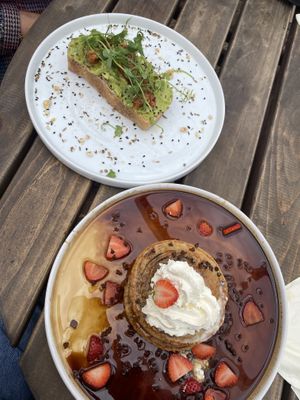 Tiramisu pancakes and avocado toast    at Sunday Coffee & Kitchen in Norton