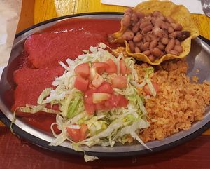 Vrgan tamales, rice, pinto beans at Posa's Tamale Factory & Restaurant in Santa Fe