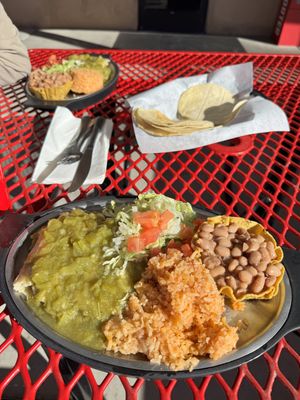 Vegan tamale plate with tortillas, beans and rice  at Posa's Tamale Factory & Restaurant in Santa Fe