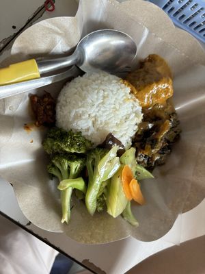 Rice with vegetarian rendang, stir fried brocolli, caipo (sauerkraut).  at Chang YUAN Vegetarian in Jakarta