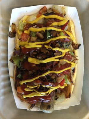 Street Dog with Coconut Bacon at Organix Vegan Deli in Los Angeles