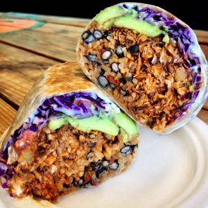 The BEST! Barbacoa Jackfruit Burrito with Avocado  at Organix Vegan Deli in Los Angeles