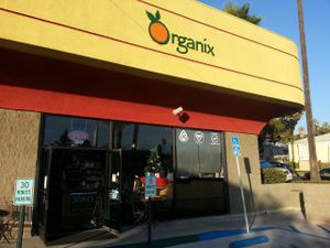 outside at Organix Vegan Deli in Los Angeles