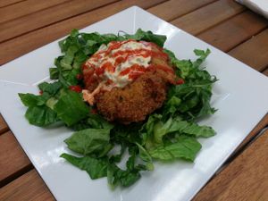 crab cake at Organix Vegan Deli in Los Angeles