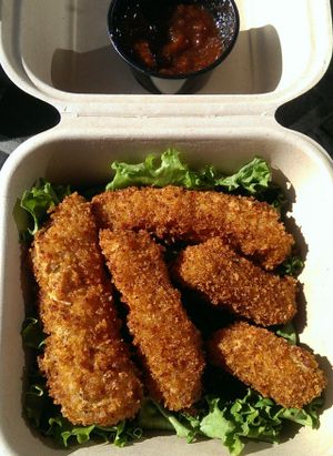 Chicken Fingers (Beyond Meat strips w/ Panko Crumbs + BBQ sauce) at Organix Vegan Deli in Los Angeles