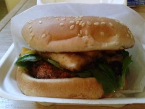 Jerk burger at Organix Vegan Deli in Los Angeles