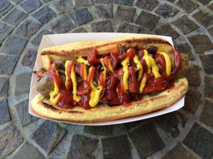 Gourmet street dog at Organix Vegan Deli in Los Angeles