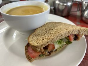 Yellow Pea Soup plus 1/2 Brown Bread Sandwich with tomato, onion relish & lettuce   at Boogie Woogie in Keith