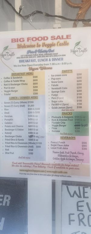 Menu and price list at Veggie Castle in Reliance