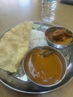 Vegan curry with mock meat and fish   at Fo Guang Menu Vegetarian Restaurant in Penang