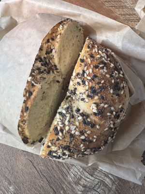 Everything bagel with garlic and herb vegan schmear  at Backyard Bagel in Seattle