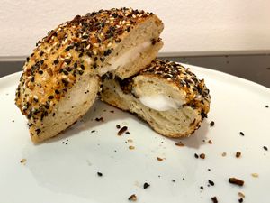 everything bagel (plated at home) at Backyard Bagel in Seattle
