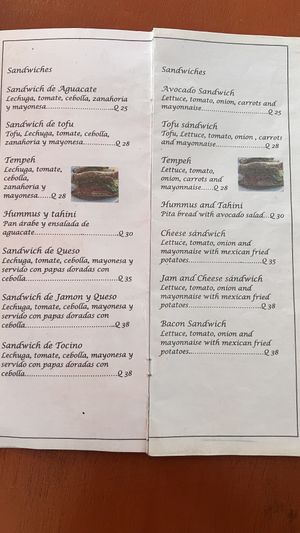 Menu  at La Farfalla in San Juan La Laguna