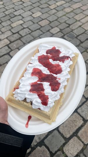 Vegan waffle with raspberry jam and vegan whipped creamm  at Vafleriet in Bergen