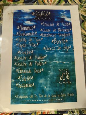 The menu at Inti Nalua Vegan Food in Brisas De Zicatela