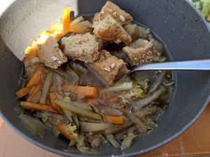 Miso soup + chosen grain (bread) at Sopa - Boronat in Barcelona