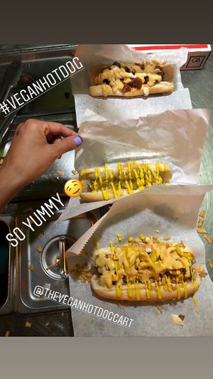 Three of their signature hotdogs at The Vegan Hot Dog Cart in Orlando