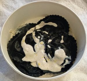 Vegan black mushroom and truffle ravioli at 26KG in Barcelona