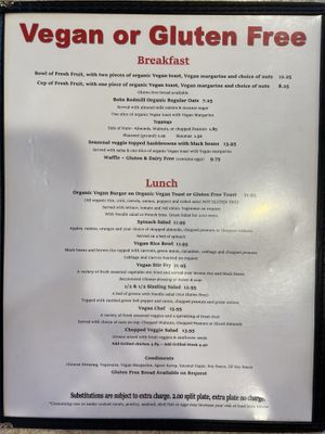 Vegan options on back of menu  at Christie's Kitchen in Redmond