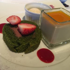 Dessert: matcha chocolate cake, soy ice cream and a coconut pudding-thing! Yummy!! at HAZE in Fukuoka