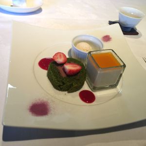 Dessert: matcha chocolate cake, soy ice cream and a coconut pudding-thing! Yummy!! at HAZE in Fukuoka