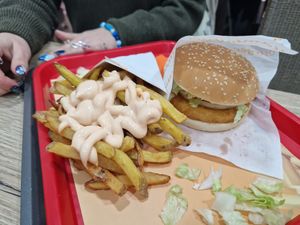 Fried Burger Vegan and Fresh Fries Vegan with Cocktail Sauce Vegan at Fries and More  in Brussels