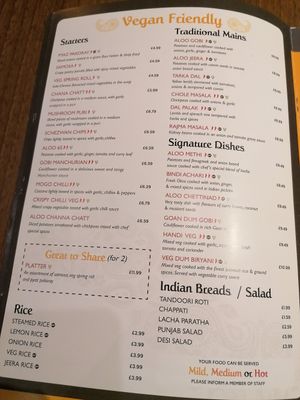 Vegan Menu at Spice Valley in Horwich