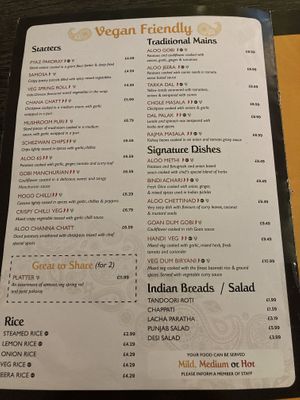 Vegan menu  at Spice Valley in Horwich