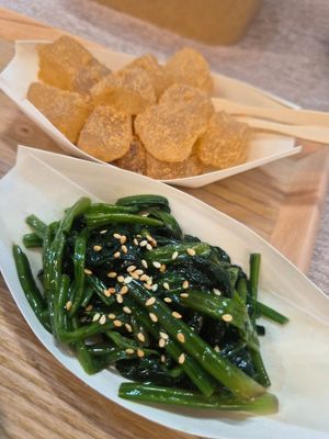 Marinated spinach and mochi at Veg-An in Central Singapore