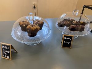 Friday 25 Apr 2025 muffins and brownies. The blueberry muffin is very sweet, but fluffy. The brownie has a rich flavour with a nutty touch. at Lente - Vegan Patisserie in Gouda