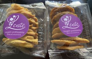 Cookies: 1 for €3,95 or 2 for €5. These are traditional Dutch cookies: spritsen (125 gram) and koggetjes/kletsmajoren (105 gram). Both are good, but the koggetjes are better. at Lente - Vegan Patisserie in Gouda