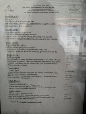 Menu for the week at Lucky's Vege Bistro in Trebic