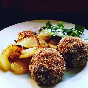 Vegetabale burgers with baked potatos and salate ( vegan, glutenfree)
 at Lucky's Vege Bistro in Trebic