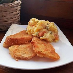 Celerové řízky, bramborový salát (vegan) at Lucky's Vege Bistro in Trebic