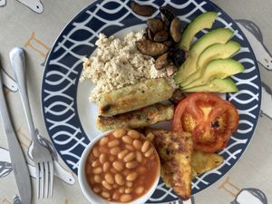 Full English Breakfast, vegan  at Jam First in Fowey