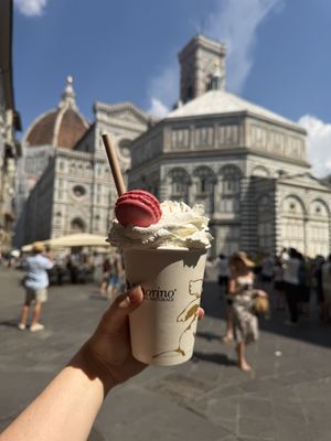 Chocolate vegan milkshake with vegan cream and vegan macaron raspberry   at Amorino - Firenze Cerretani in Florence