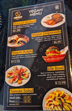 Dedicated vegan menu  at Arempa's in Midvale