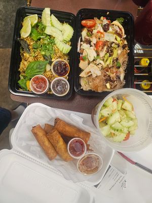Curry Powder Fry rice, Yum Woonsen, Spring roll and Cucumber salad at Gindee's Vegan - Maybe closed in San Antonio