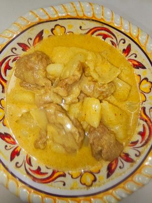 Yellow Curry: Potato, White Onion, Gluten Meat plant base  or Tofu or Mix Gluten Meat plant base  and Tofu , Peanut, Yellow Curry Paste  at Gindee's Vegan - Maybe closed in San Antonio