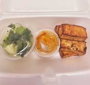 Tofu Satay (Appretizer): Tofu, Yellow Curry Paste,  Cucumber,  White Onion, Cilantro at Gindee's Vegan - Maybe closed in San Antonio