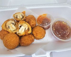 Breaded Mushroom with Sriracha Sauce and Sweet Chilli Sauce  at Gindee's Vegan - Maybe closed in San Antonio