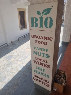 Sign outside the shop at Patmos Coffee House in Patmos
