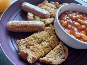 Kid's beans on toast with extra sausage at The Pedlar on the Port in Dover