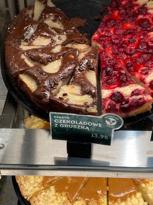 Pear and chocolate cake (labeled “suitable for vegans”) at Starbucks - Warsaw Central Station in Warsaw