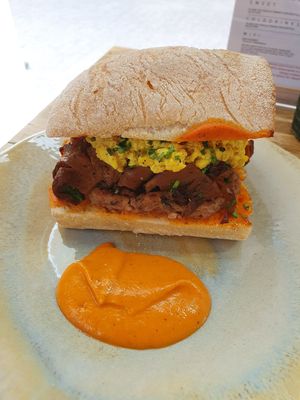 Breakfast bap at Bean's Café in East London