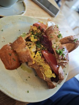 Croissant with scrambled tofu at Bean's Café in East London
